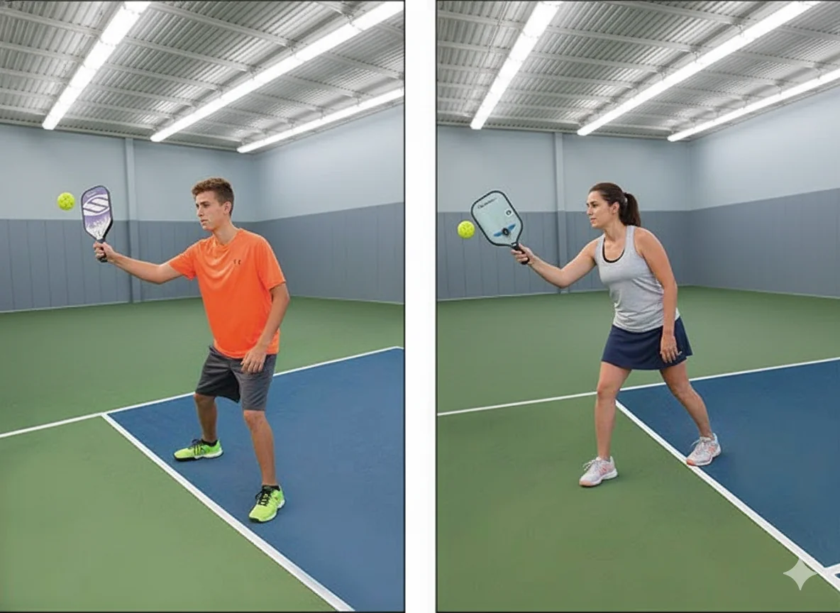 A diagram comparing a legal volley outside the kitchen to an illegal volley inside the kitchen.