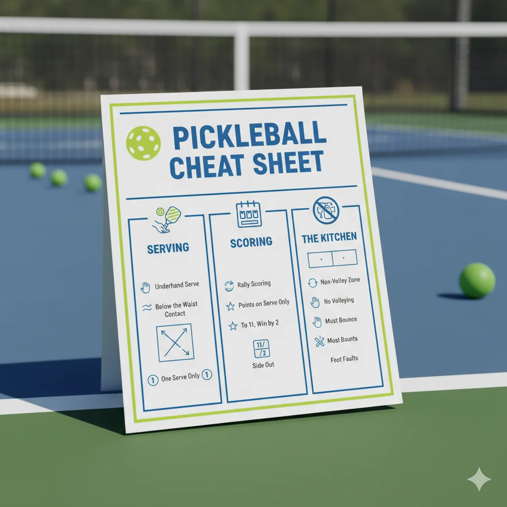 A preview of the one-page pickleball rules cheat sheet, showing sections for serving, scoring, and the non-volley zone.