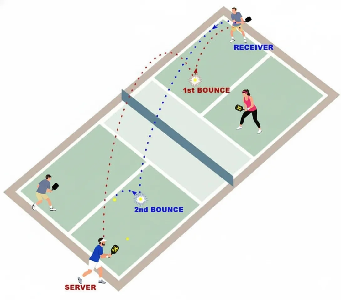 Diagram of the pickleball double bounce rule showing the 3-shot sequence: 1) the serve, 2) the return after one bounce, and 3) the third shot after one bounce.