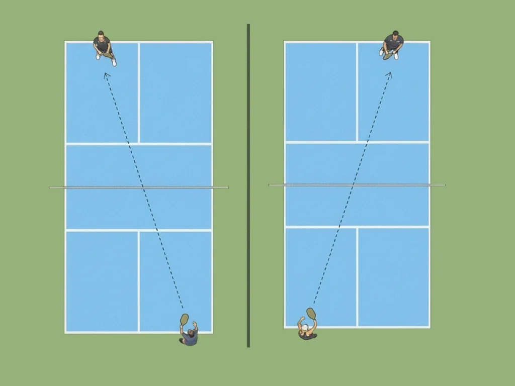 Diagram showing the correct cross-court serving motion in pickleball.