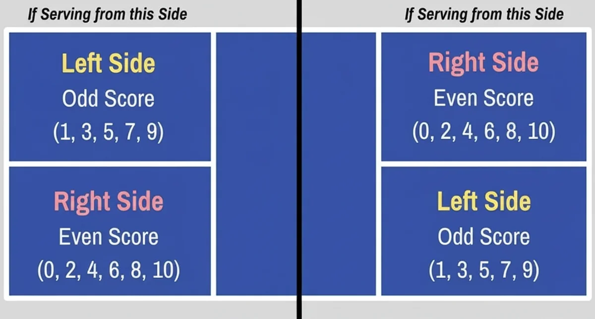 A diagram of a pickleball court showing the correct serving positions for even and odd scores in singles pickleball.