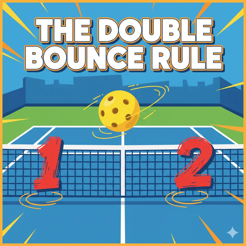 A simple graphic explaining the pickleball double bounce rule on a court.