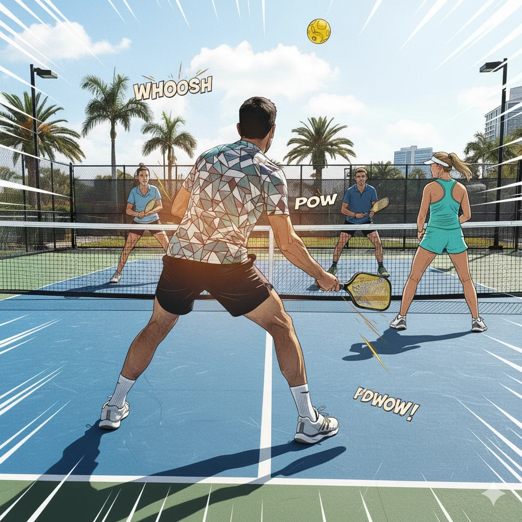 A dynamic image illustrating the correct pickleball doubles serving rules, with players positioned correctly on the court.
