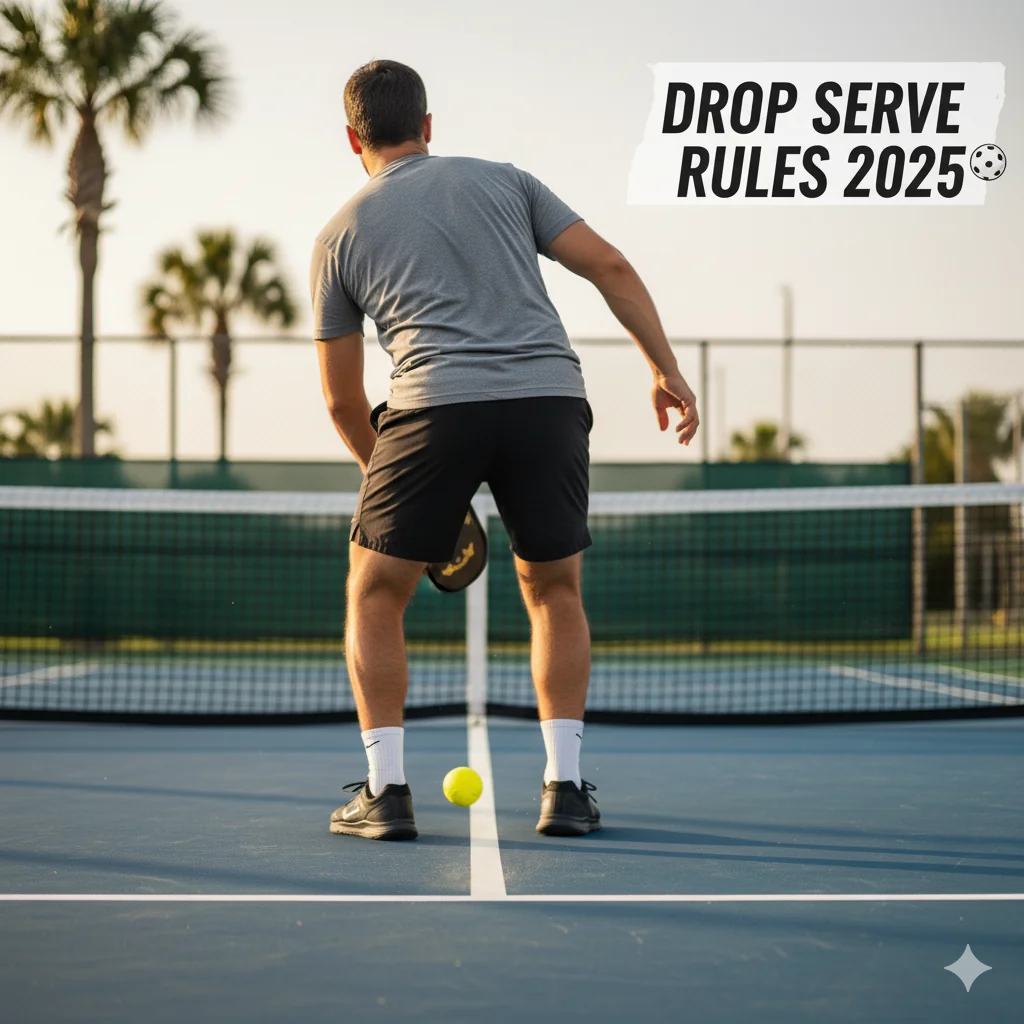 A player demonstrating the proper form for the pickleball drop serve, with the court in the background.