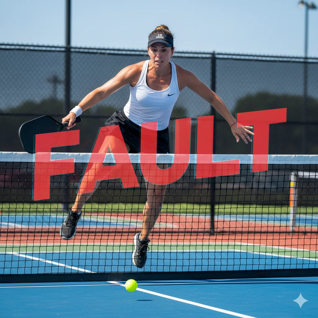 A dynamic image showing a pickleball player at the net, with a red 'FAULT' text overlay, illustrating the pickleball fault rules.
