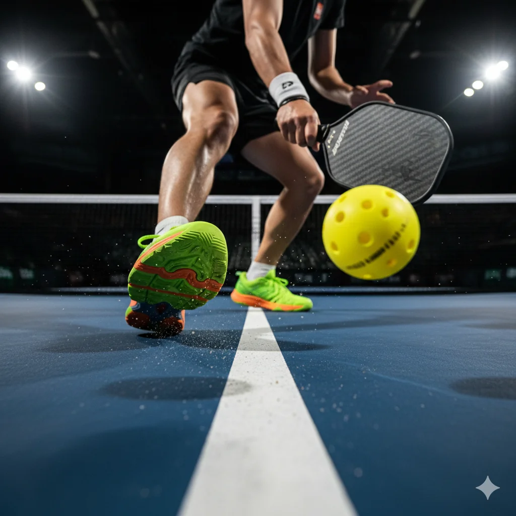 A player's feet carefully positioned just behind the line, illustrating the importance of the pickleball kitchen rules.