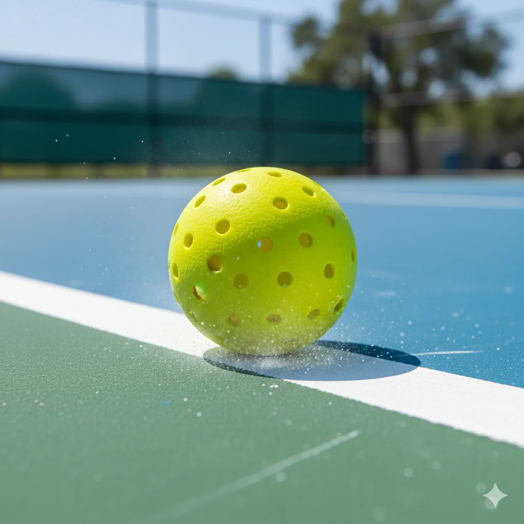A pickleball ball landing directly on the white court line, illustrating the official pickleball line rules.