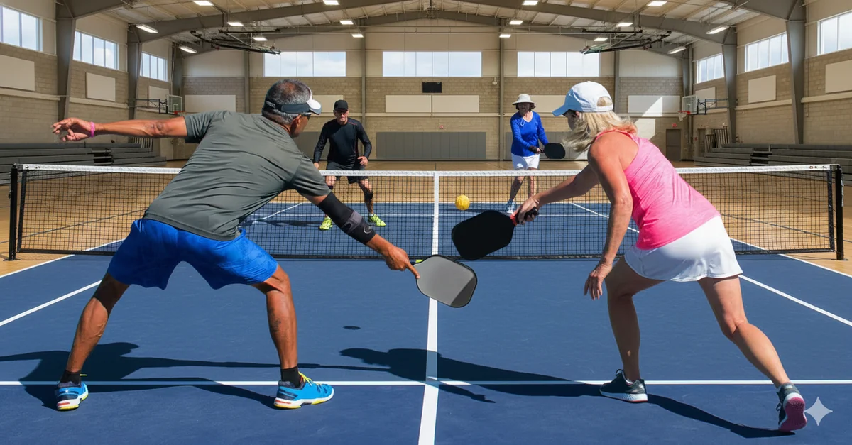 Four pickleball players in a dynamic doubles match, illustrating the key pickleball rules for doubles.