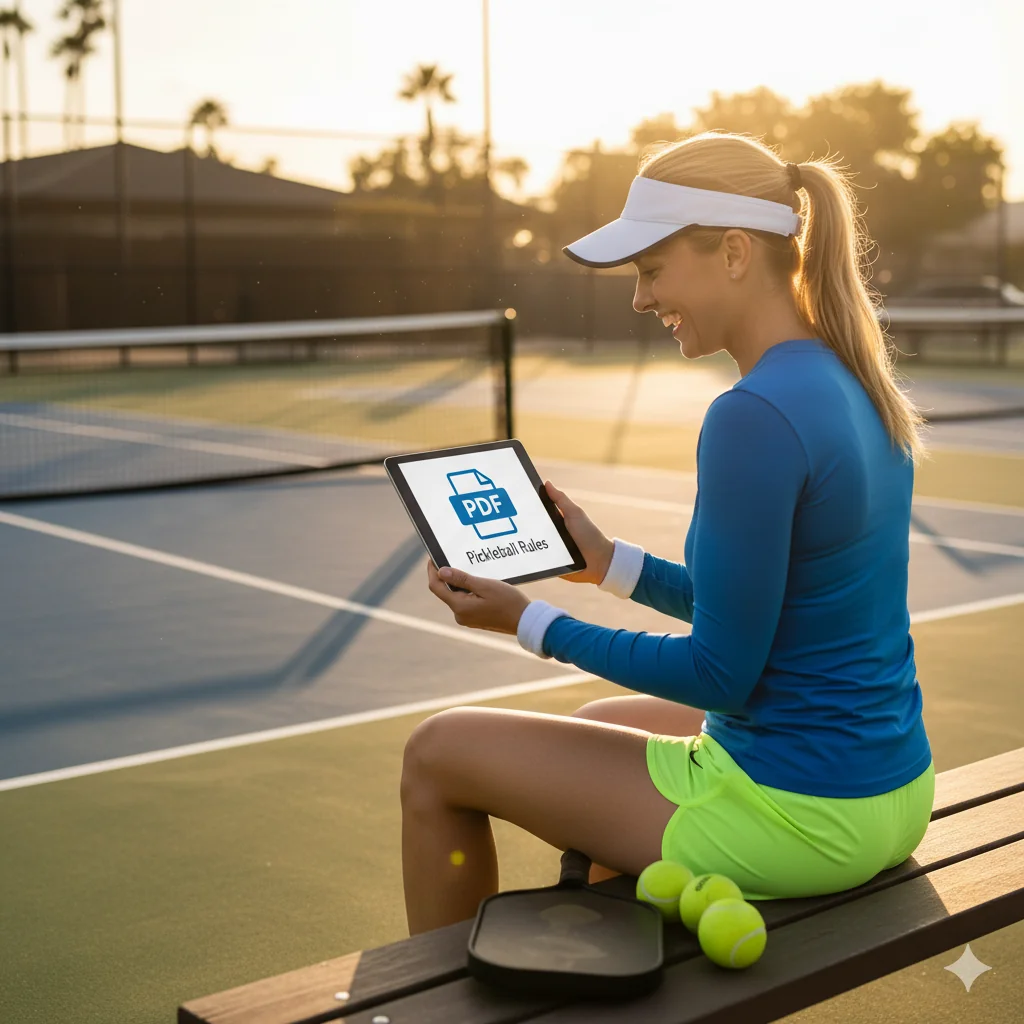 A player holding a tablet displaying the official pickleball rules PDF, with a pickleball court in the background.
