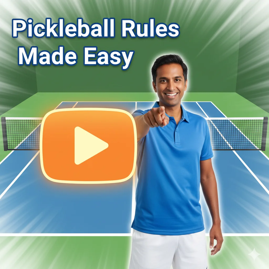 A friendly pickleball player pointing to a 'Play' button icon superimposed over a pickleball court, illustrating a pickleball rules video.