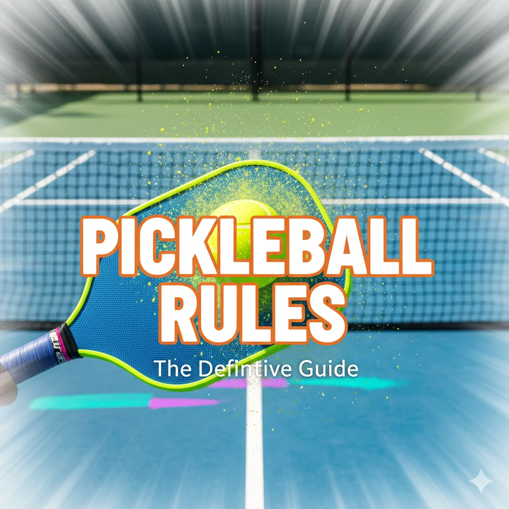 A dynamic shot of a pickleball paddle hitting a ball over the net, illustrating the definitive guide to pickleball rules.