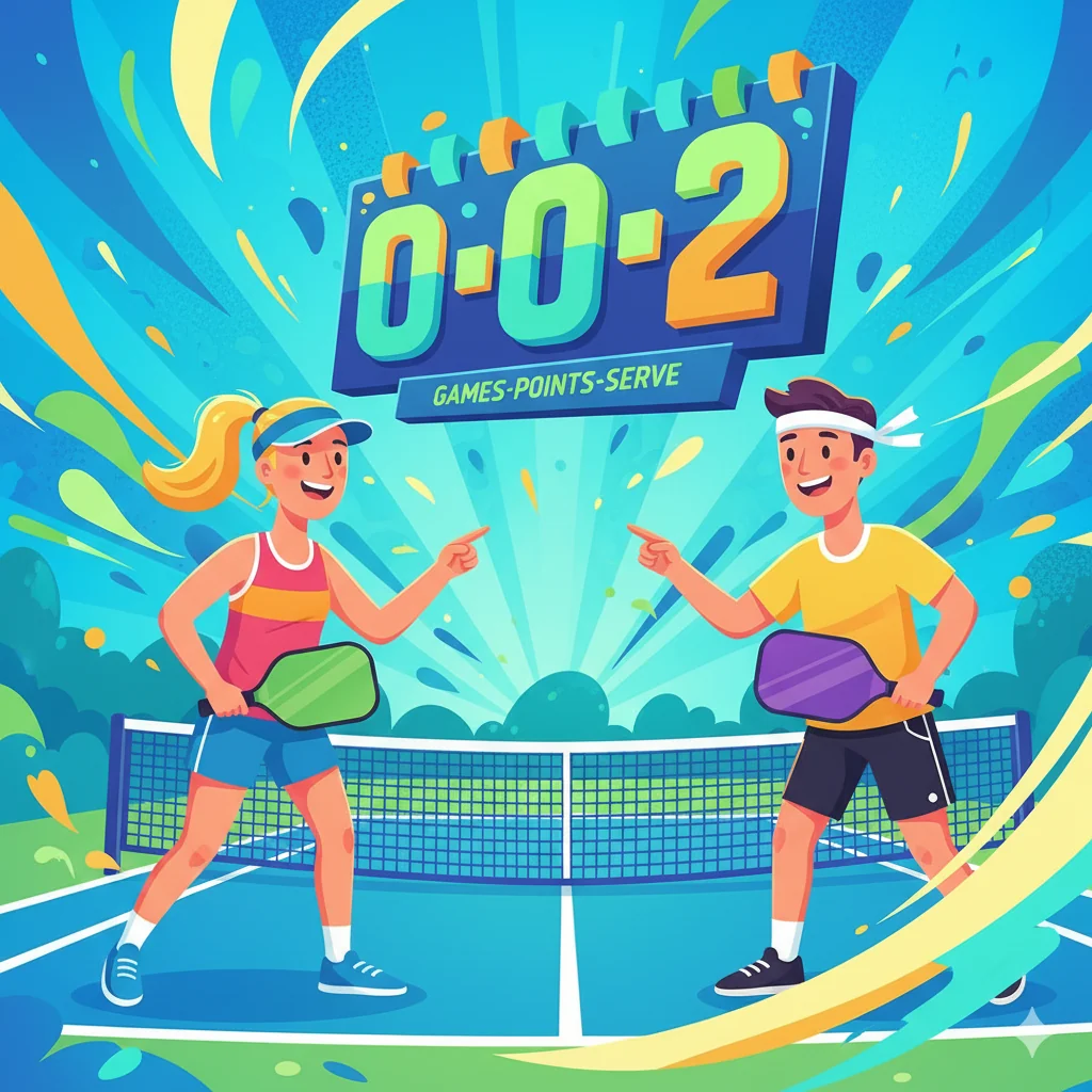 A vibrant illustration of pickleball players looking at a large scoreboard, learning the pickleball scoring rules.