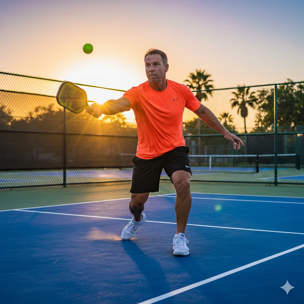 A pickleball player executing a perfect, legal serve on a sunny court, illustrating the official pickleball serving rules.