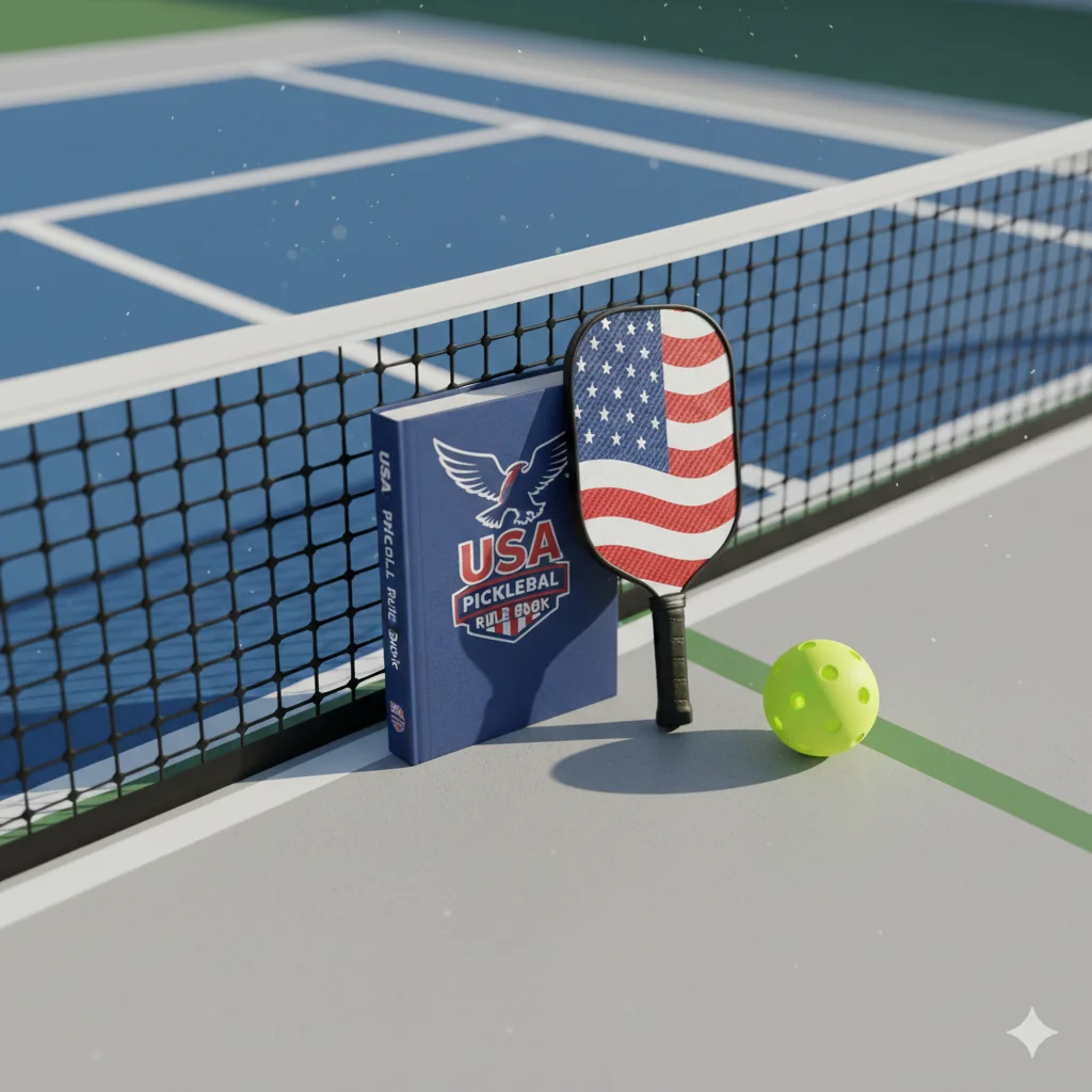 An official USA Pickleball rule book on a court with a paddle and ball, illustrating a guide to the USA pickleball rules.